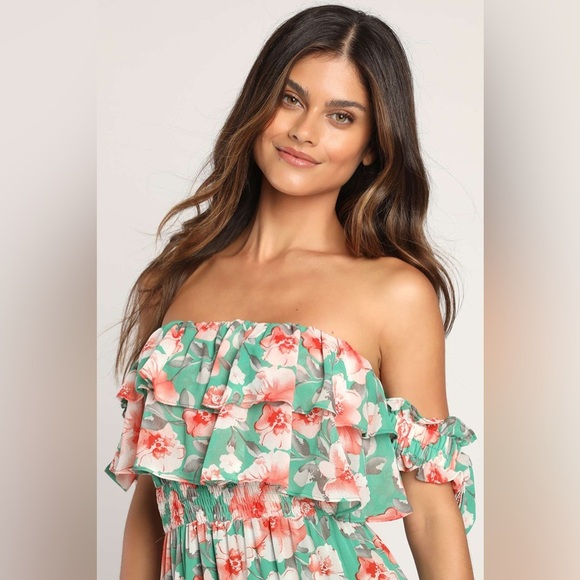 Lulus Chance For Us Green Floral Off-the-Shoulder Ruffled Maxi Dress Size Large. - Picture 14 of 16